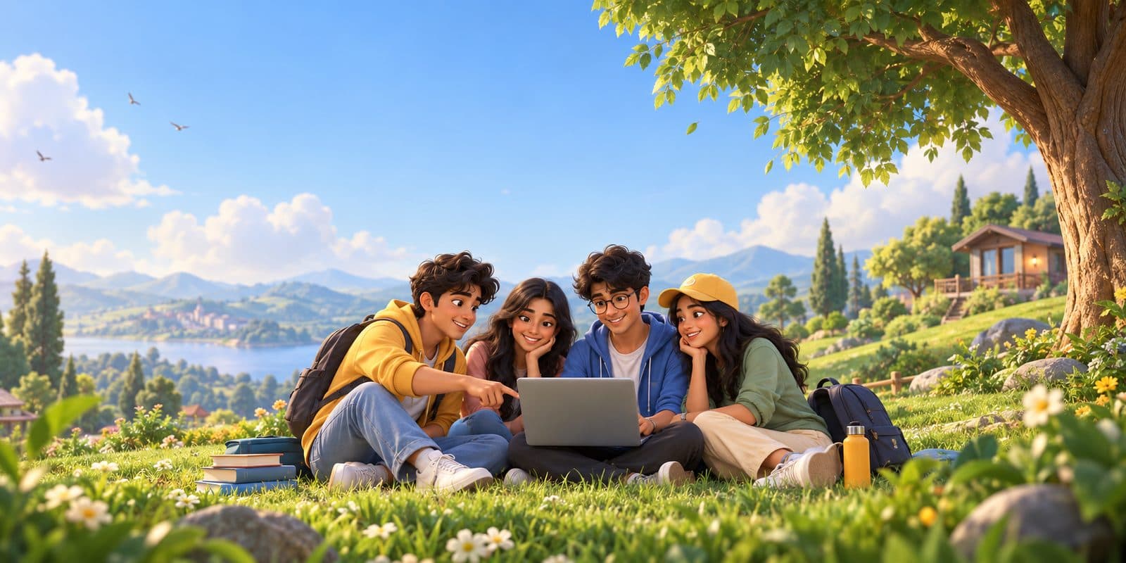 Students studying together in nature
